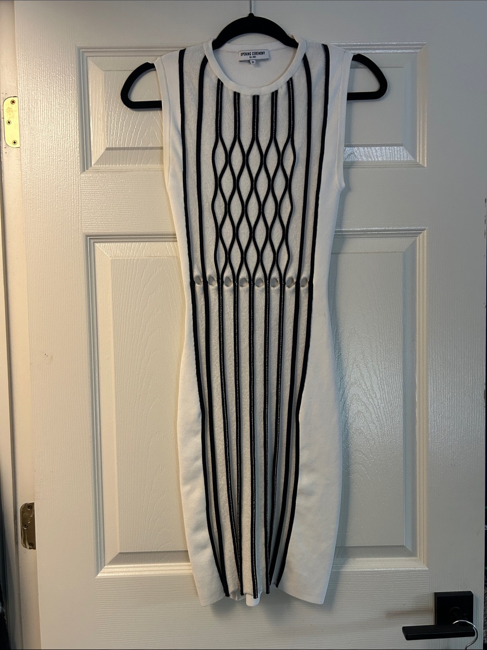 Opening Ceremony White Knit Dress with Black Vertical Stripes